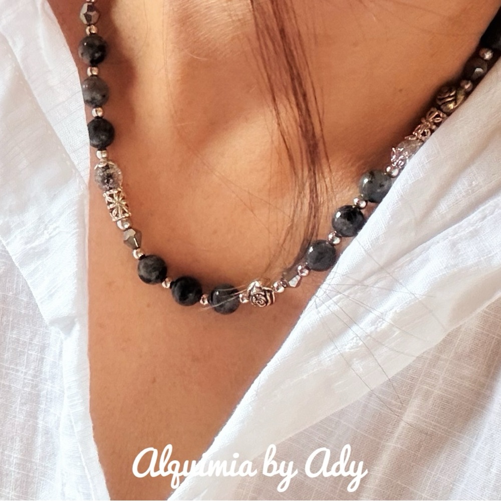 Black Labradorite Beaded Silver Statement Short N… - image 4